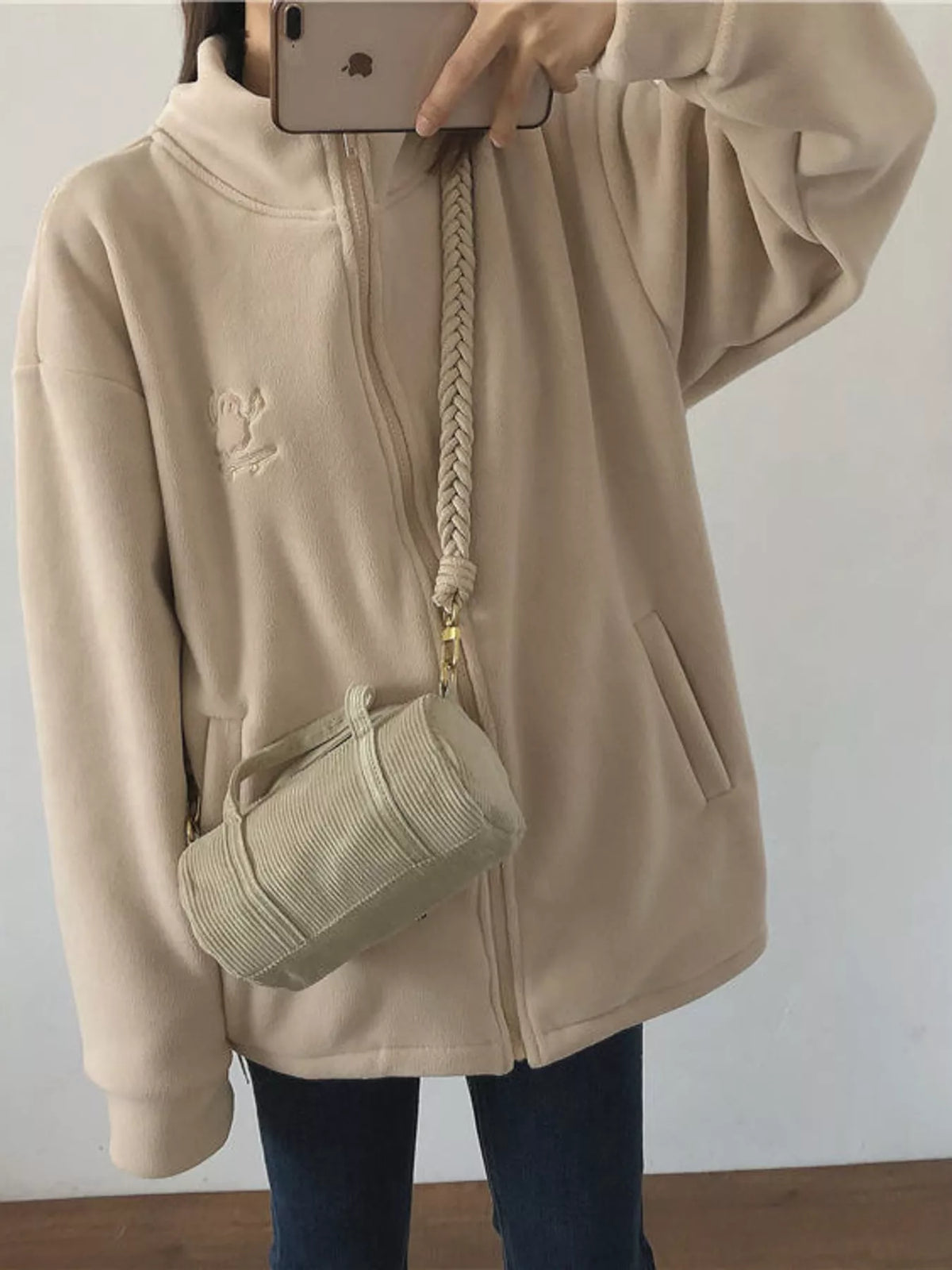 Apricot fleece stand-collar zip-up jacket