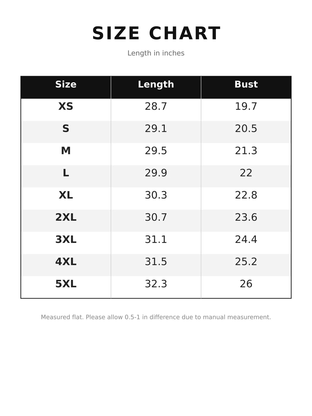 Batwing sweater, size chart