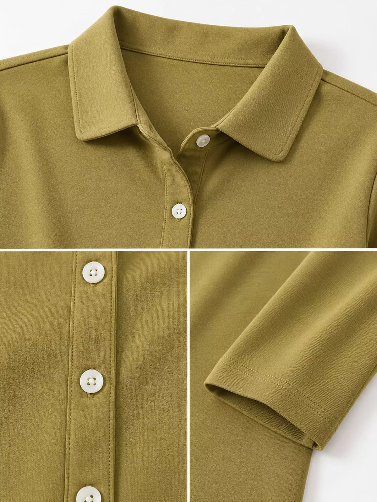 Olive green button-down shirt, collar, buttons, sleeve, and hem close-ups