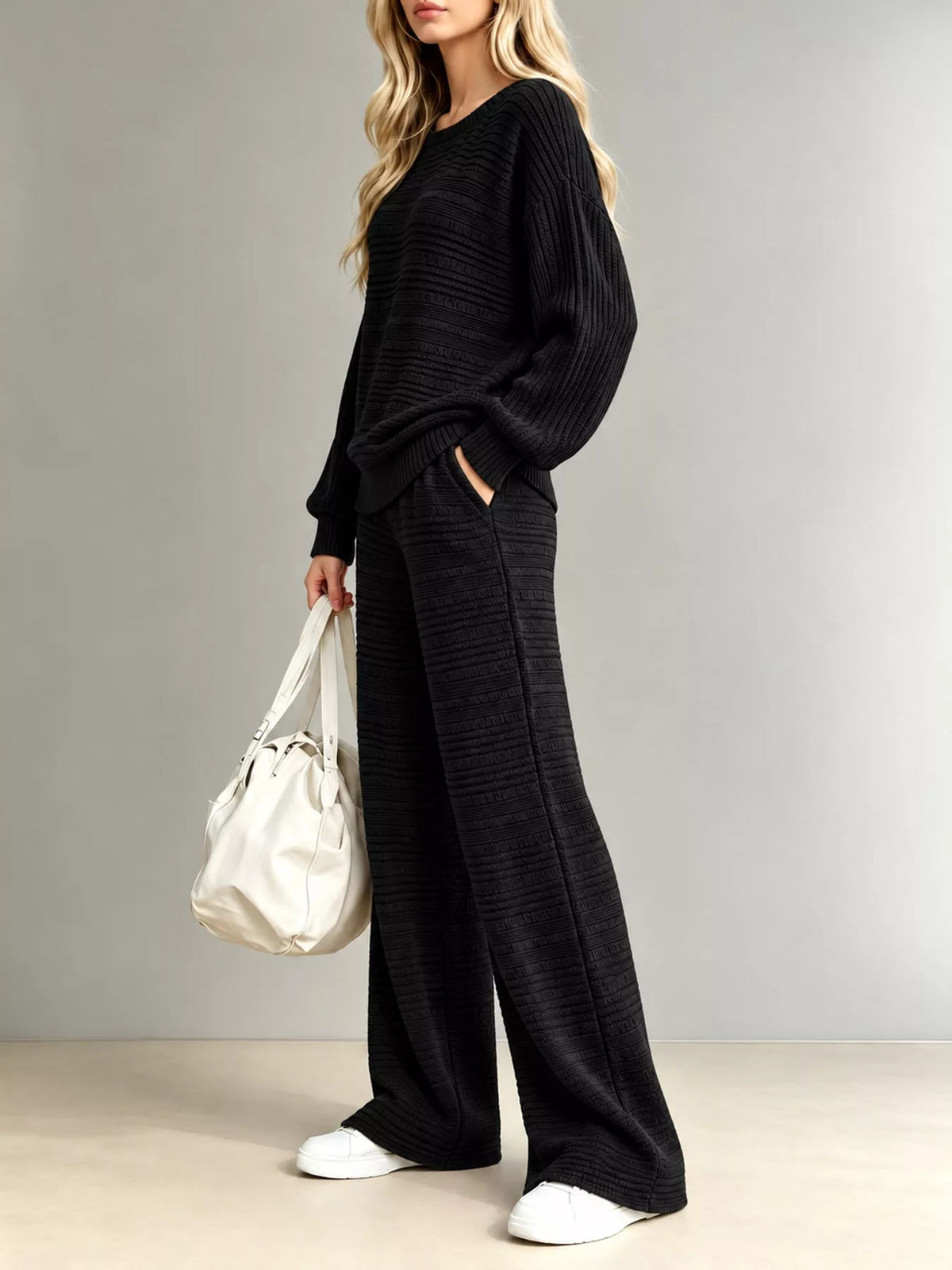 Ribbed Knit Top and Wide-Leg Pants Set — side view