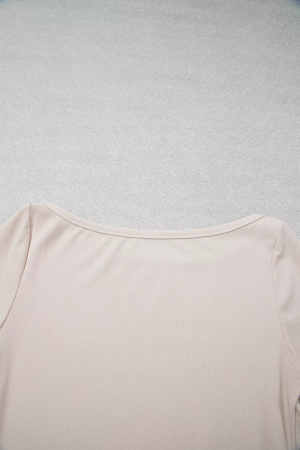 Beige lace-cuff long sleeve top, back neckline detail