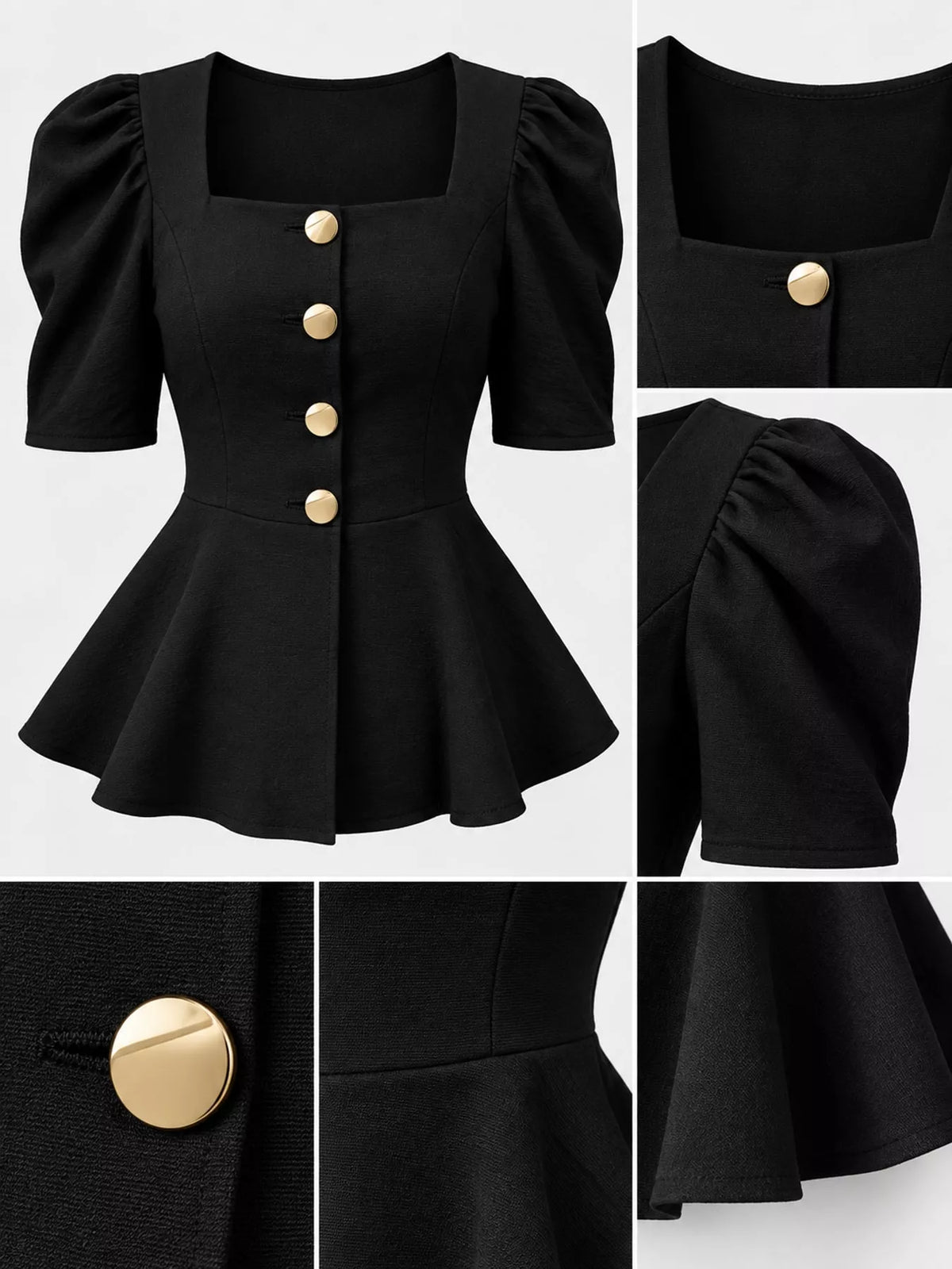 Women's Square Neck Puff Sleeve Peplum Blouse in black — detail collage view