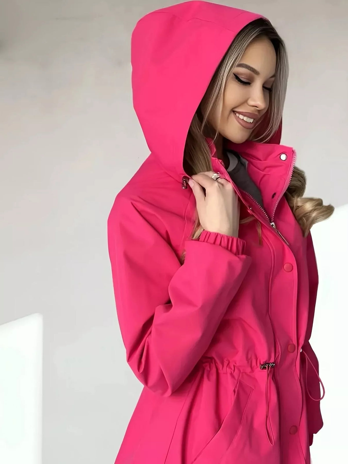 Hot Pink hooded drawstring waist windbreaker jacket