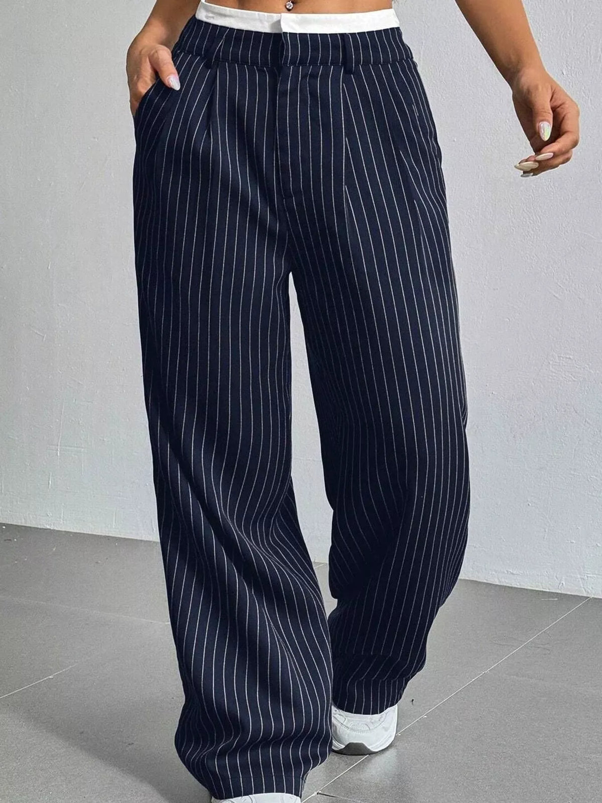 Striped wide-leg pants, navy front