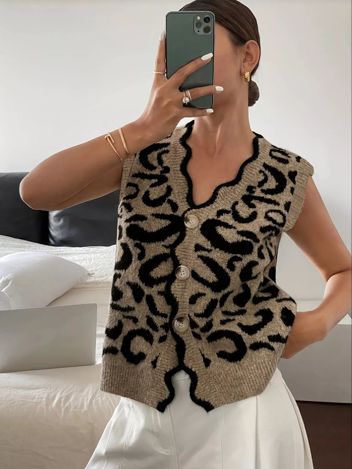 Taupe Leopard Scalloped Edge Button-Down Sweater Vest side view