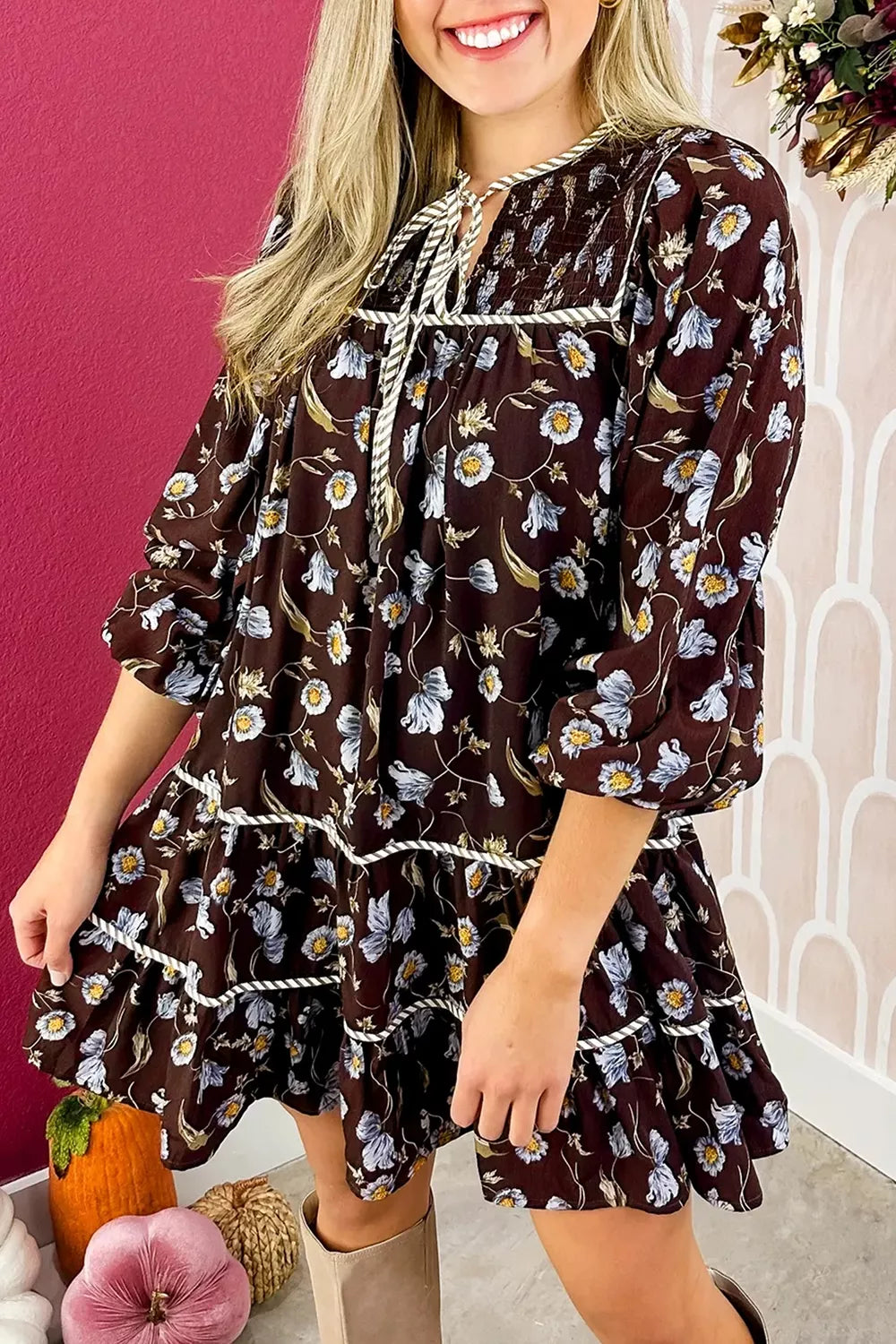 Trendsi Floral Print Shirred V Neck Shift Dress -