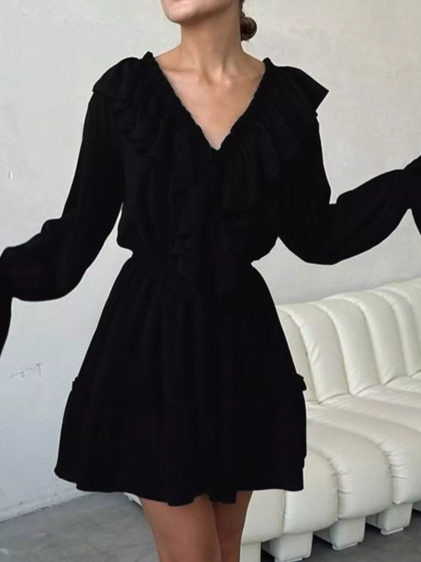 Trendsi Ruffled V-Neck Long Sleeve Mini Dress -