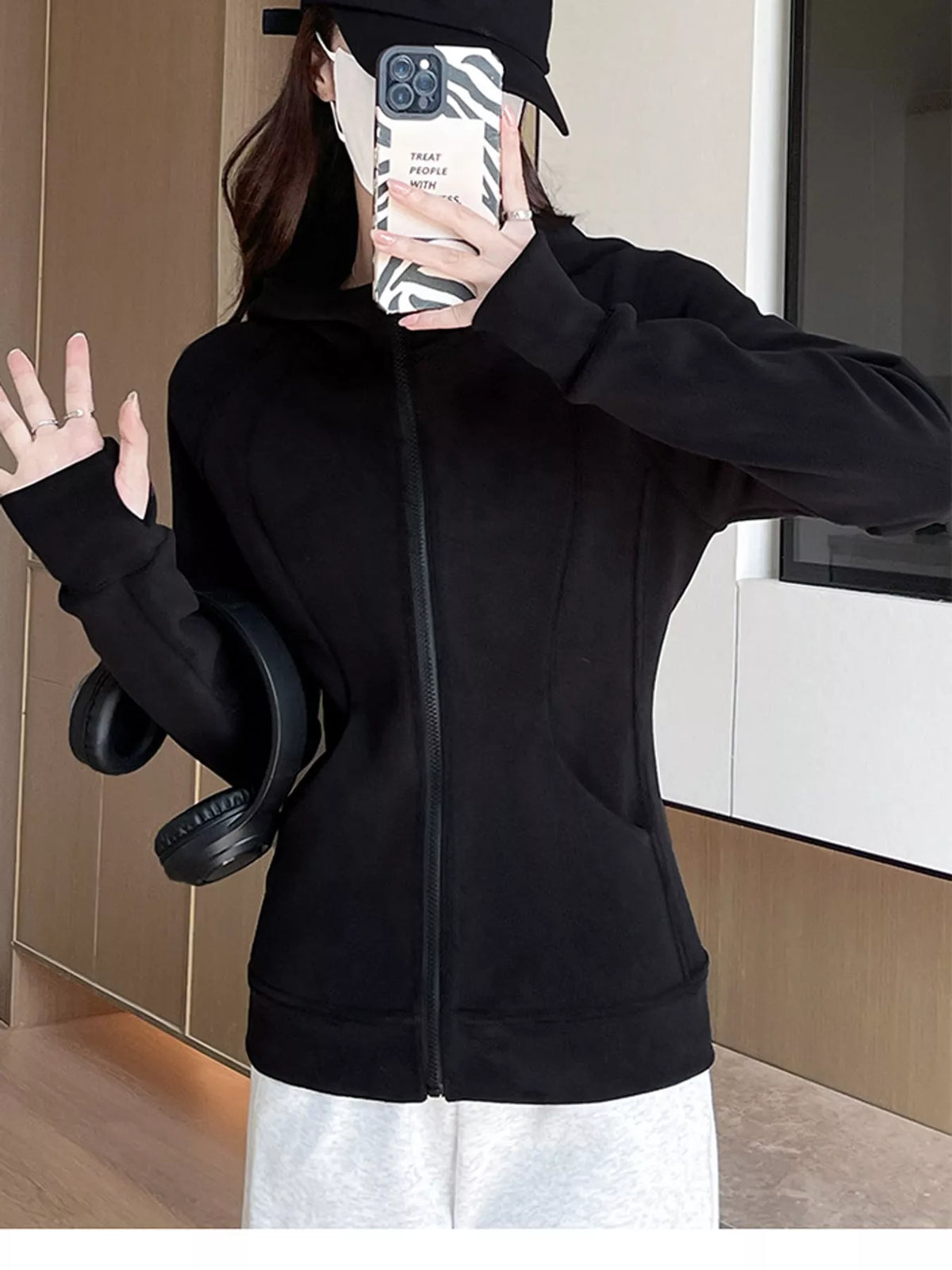 Slim-Fit Full-Zip Thumb Hole Long Sleeve Hoodie with Pockets — front view