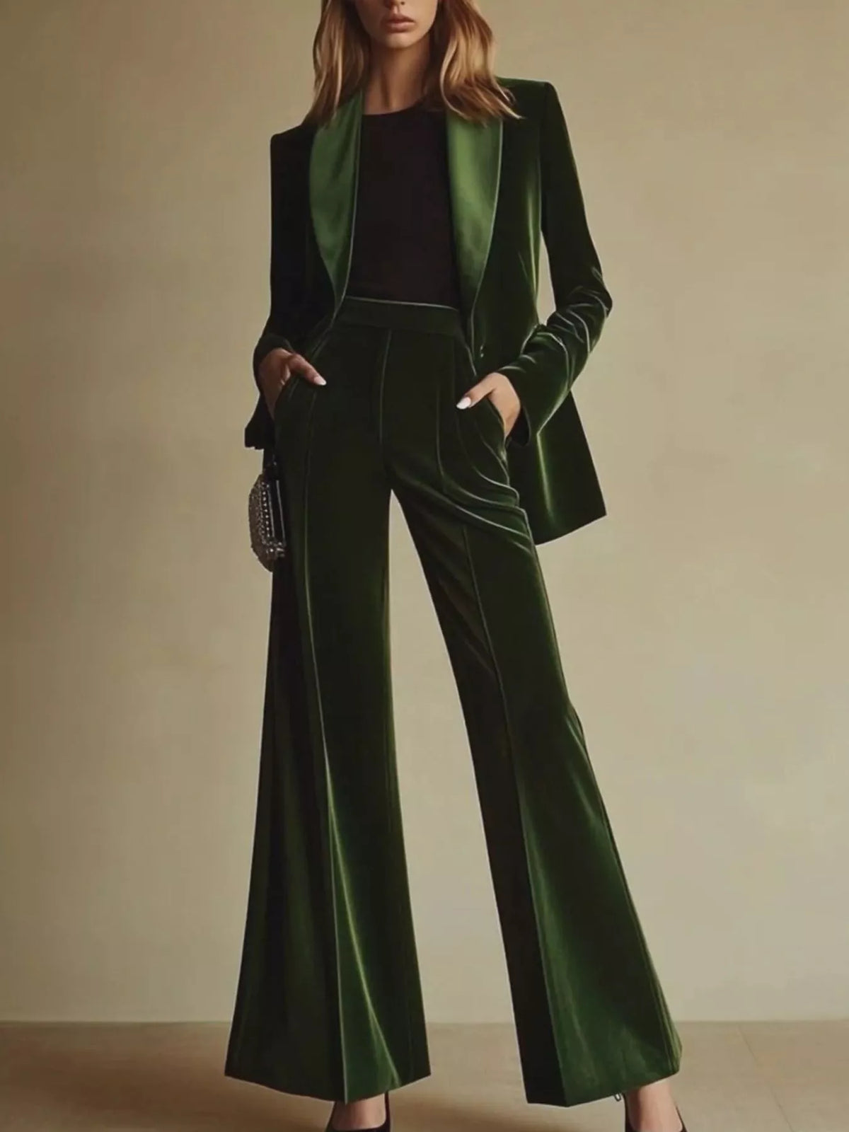 Trendsi Velvet Blazer and Wide-Leg Pants Set -