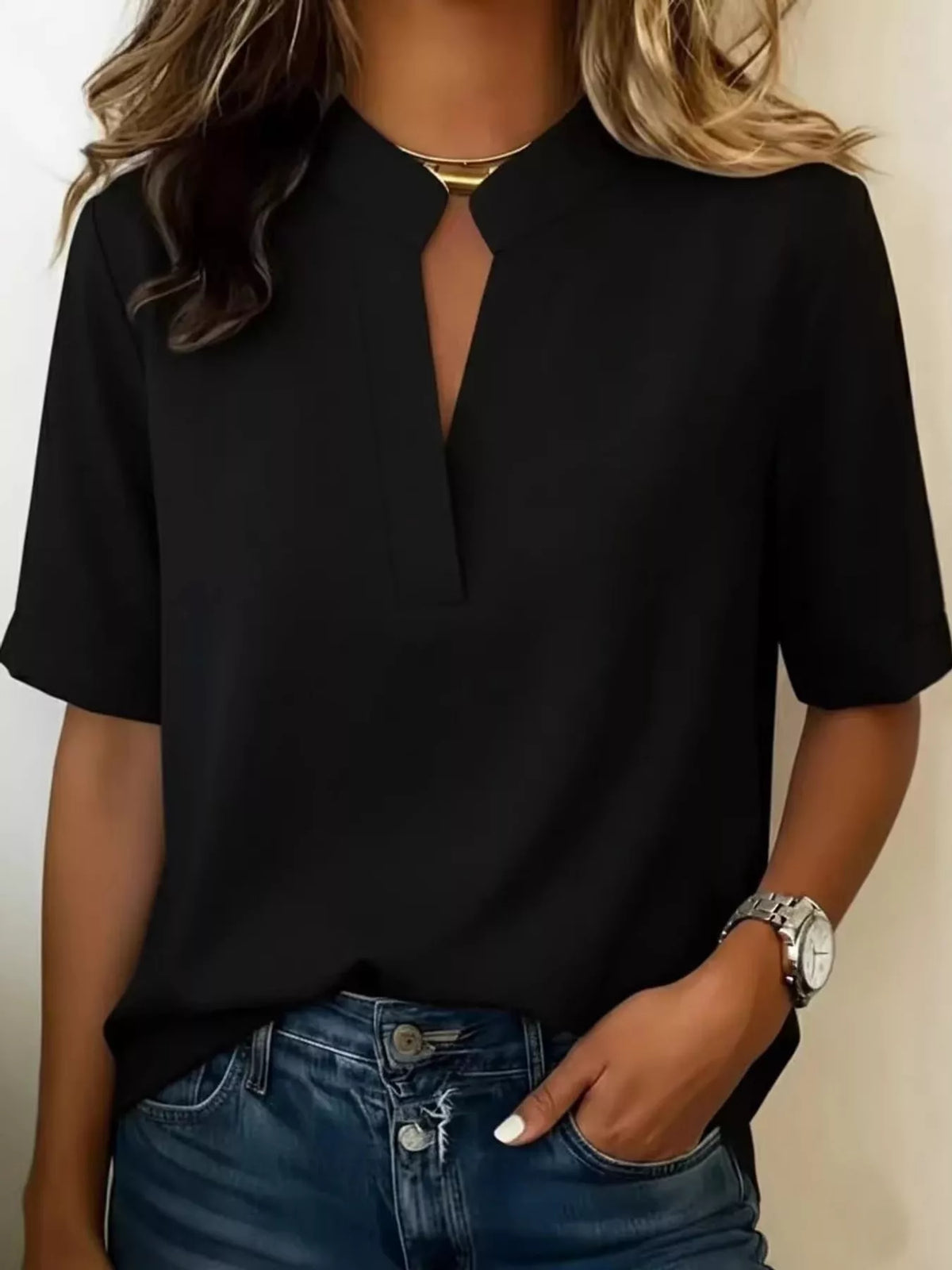 Notched-neck blouse, black front