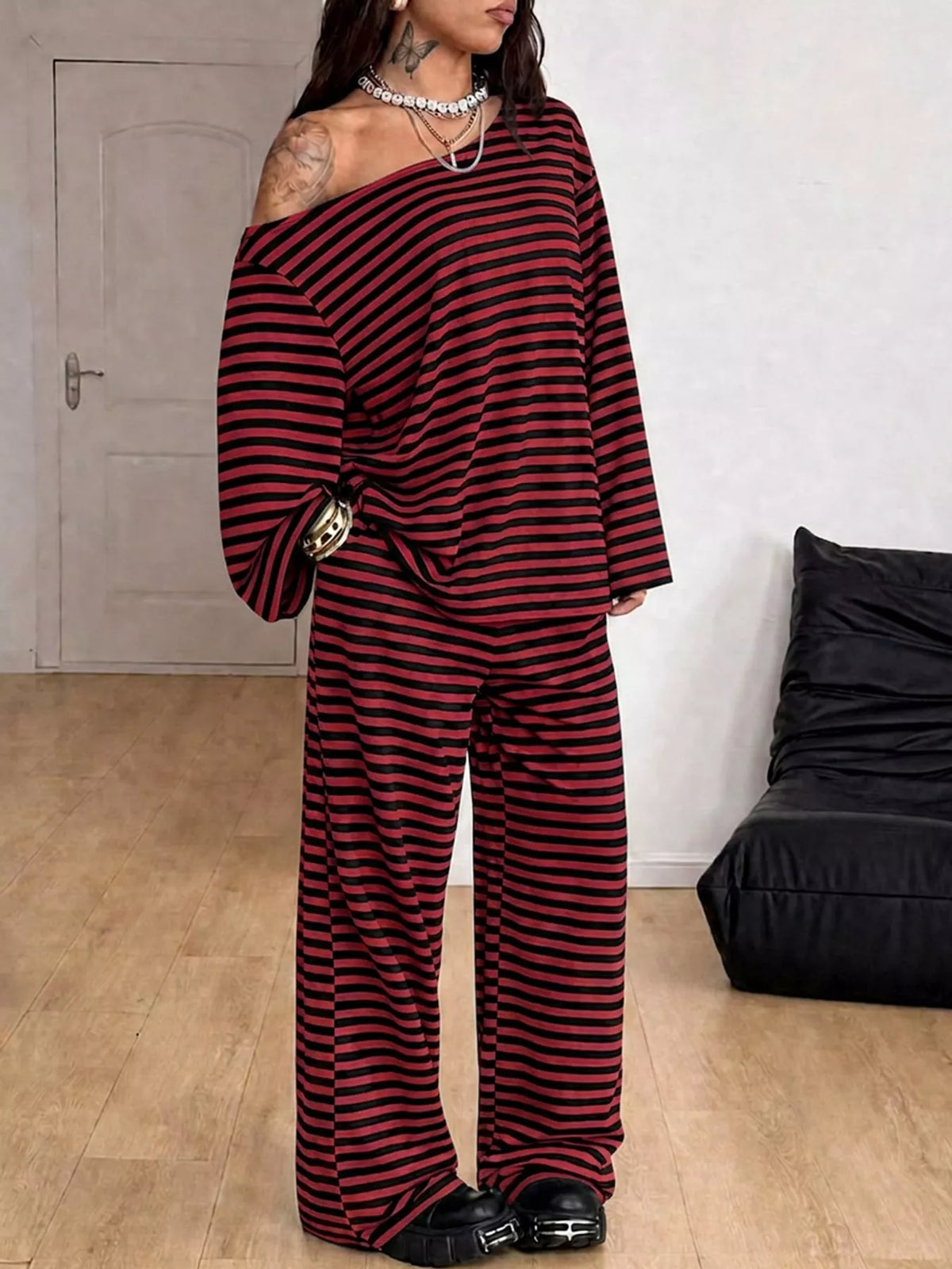 Off-Shoulder Striped Long Sleeve Top and Wide Leg Pants Set in burgundy and black