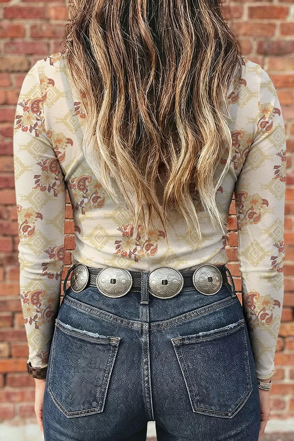 Pastel Yellow Floral Print Mock Neck Long Sleeve Slim Fit Top detail view