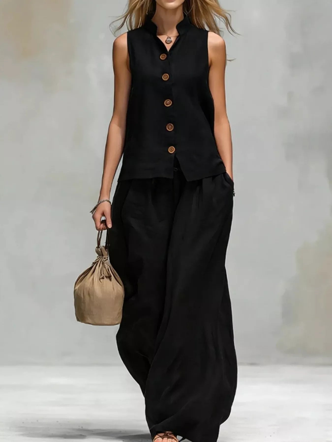 Trendsi Sleeveless Button-Down Top and Wide-Leg Pant Set -