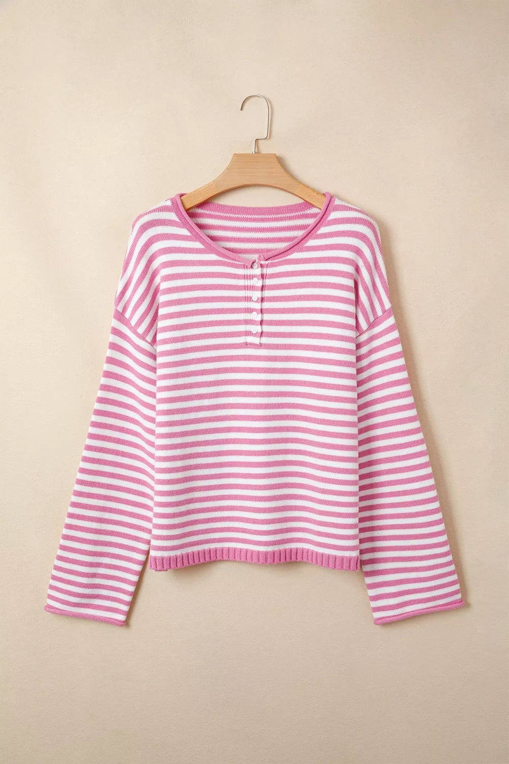 Trendsi Striped Button Placket Drop Shoulder Long Sleeve Sweater -