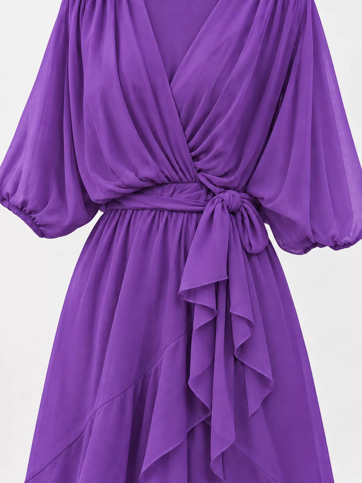 Purple batwing sleeve wrap dress with waist tie, detail view