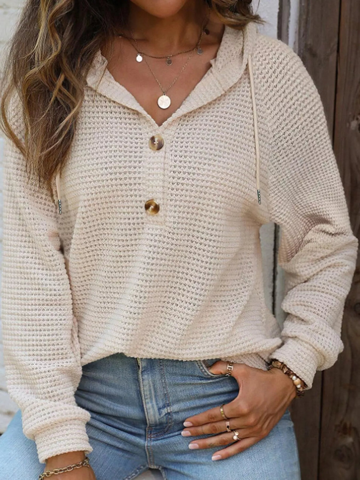 Beige waffle knit button-detail hoodie