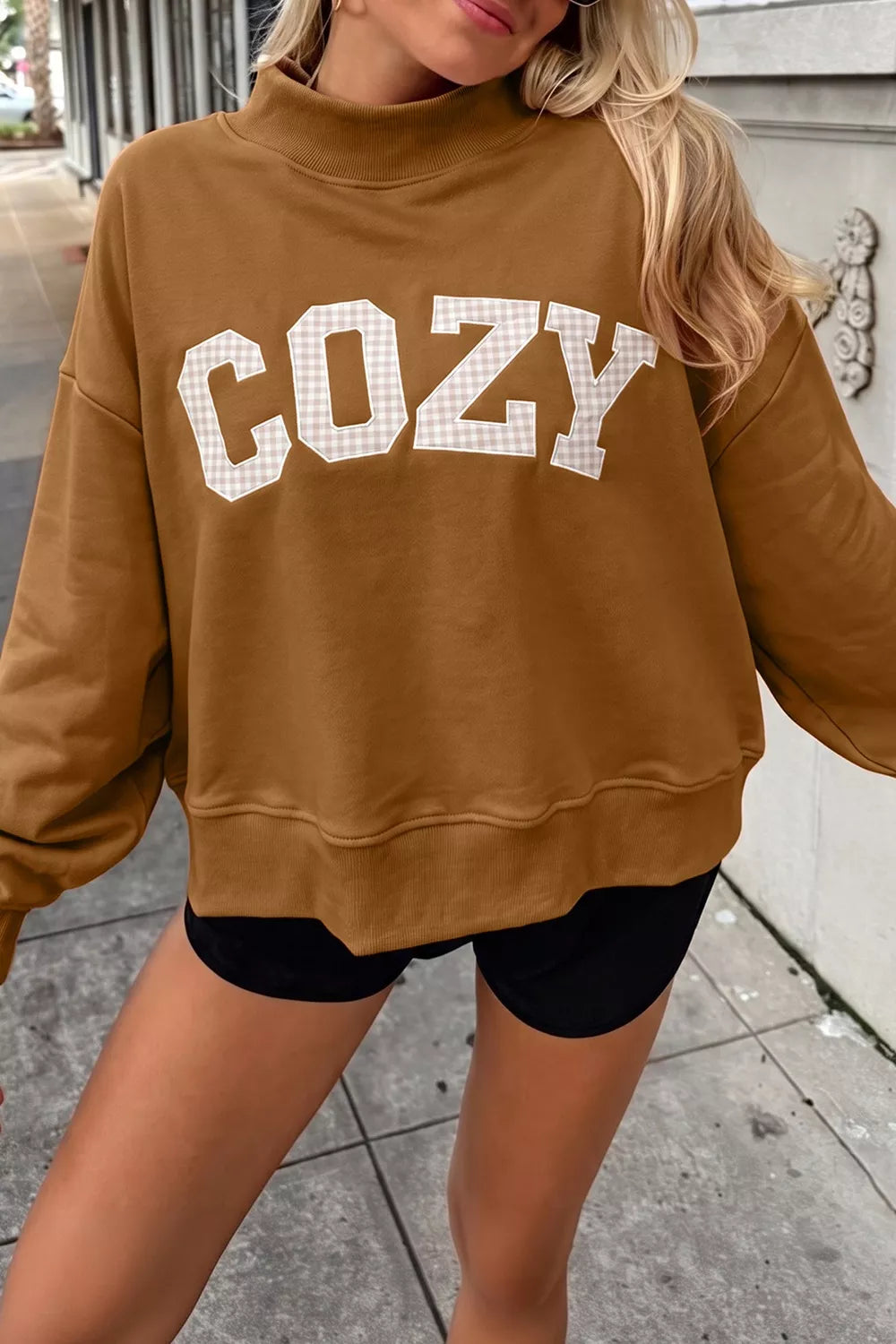 Trendsi Gingham Letter Mock Neck Sweatshirt -