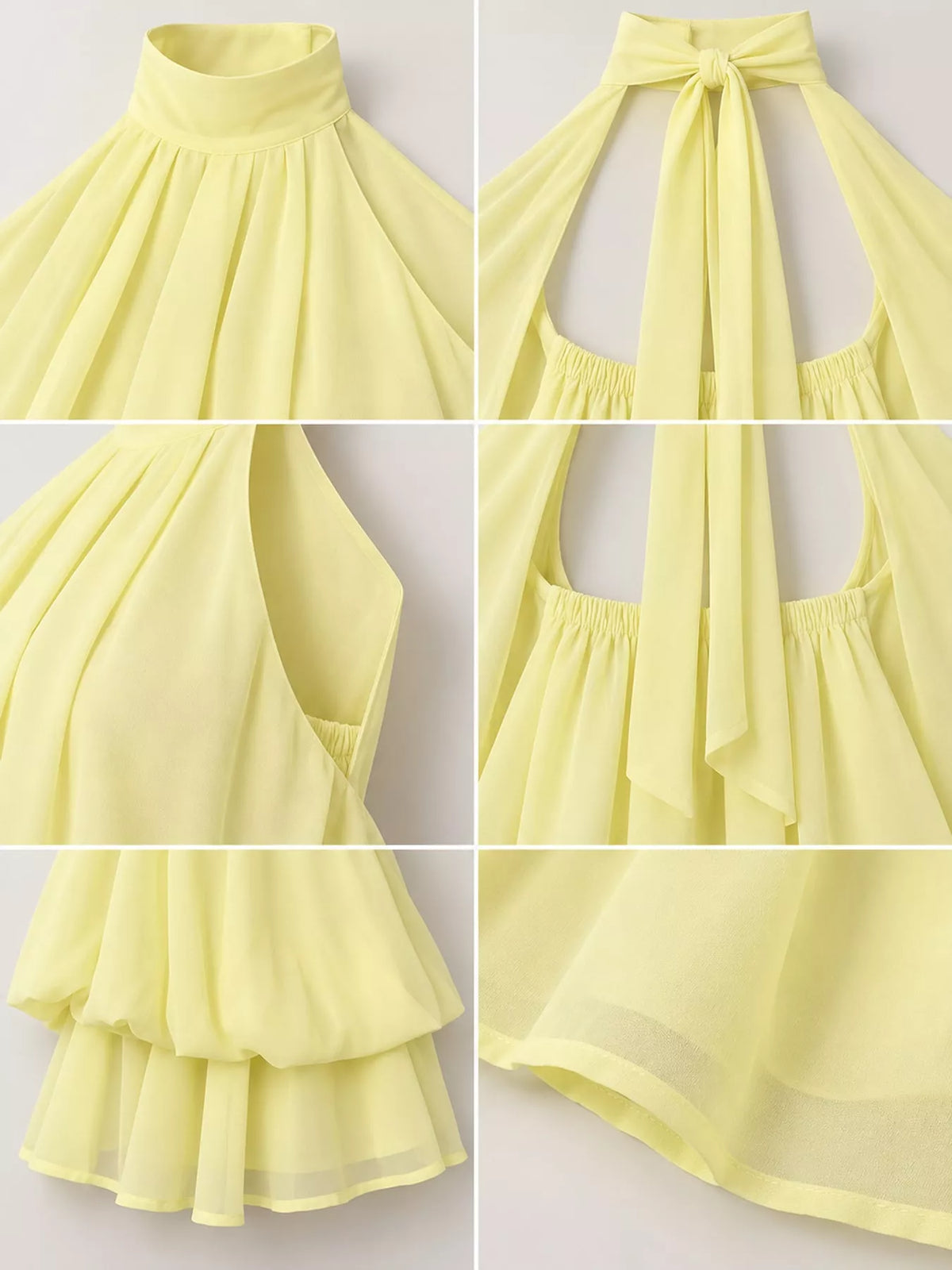 Yellow halter neck layered mini dress, neckline, back and fabric collage