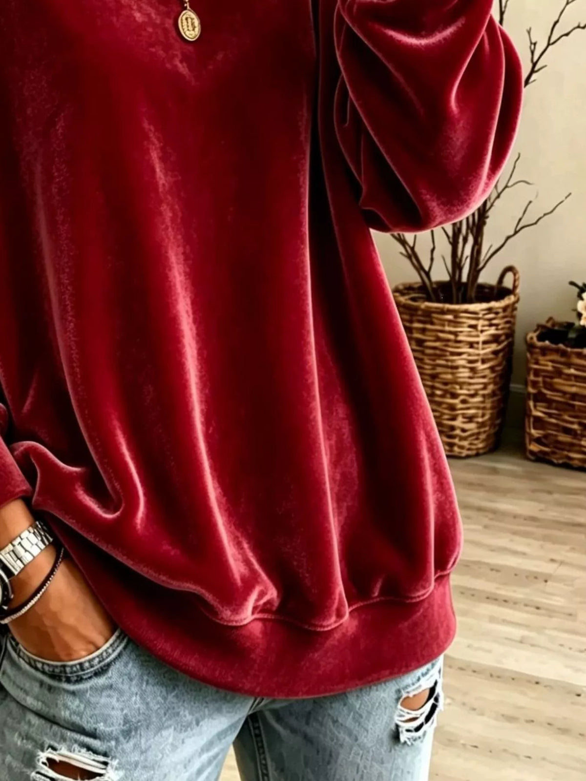 Women's Velvet Dropped Shoulder Crew Neck Sweatshirt in burgundy — texture detail view