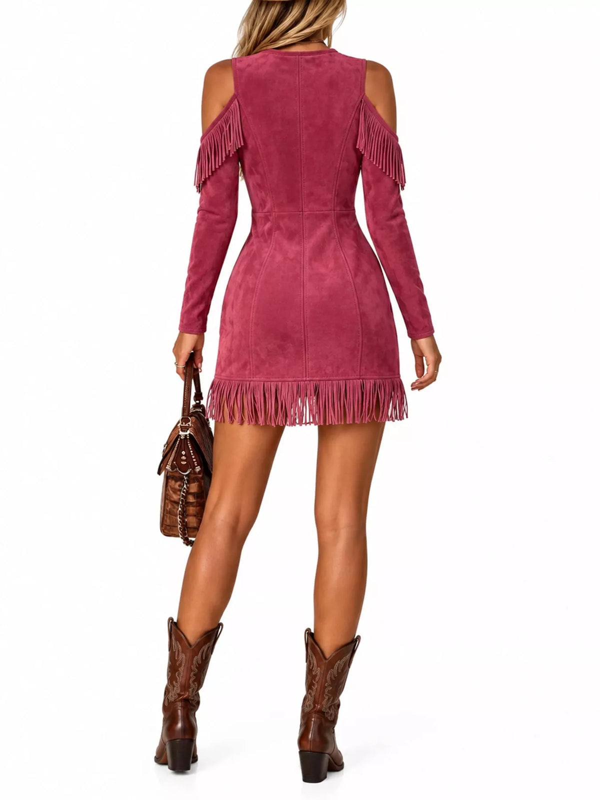 Fringed cold-shoulder dress, pink back