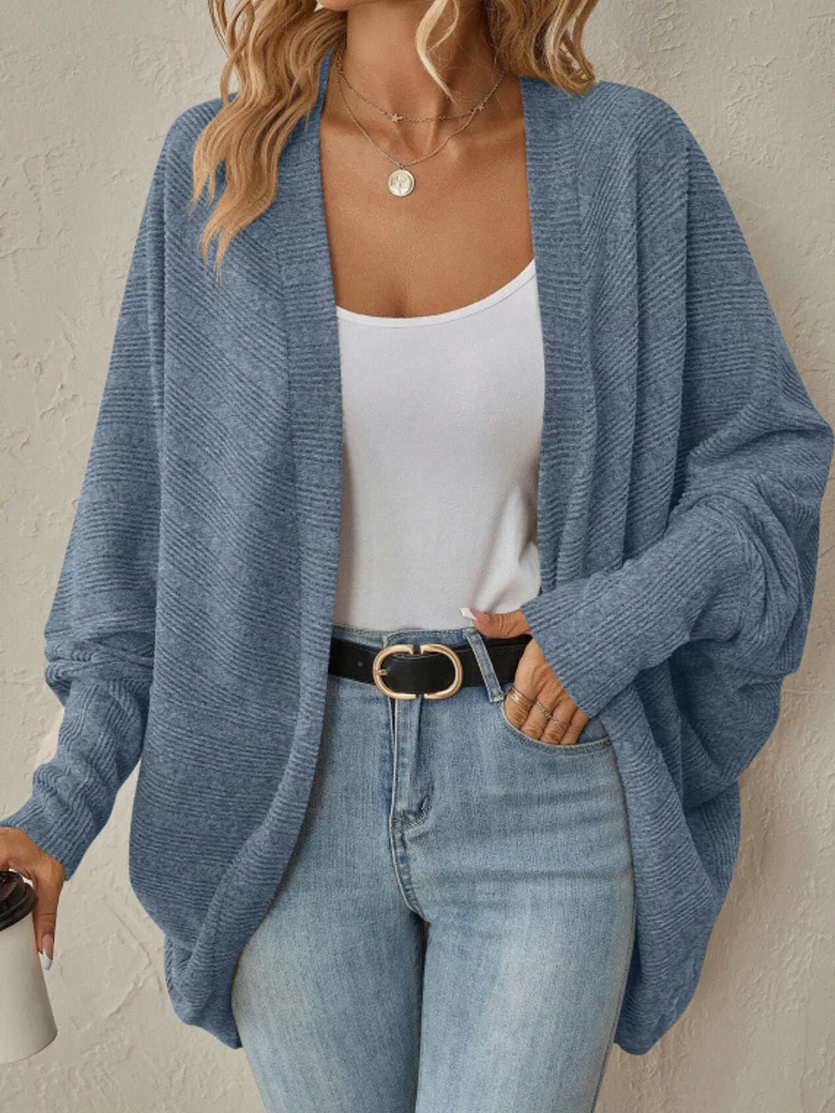 Blue open-front batwing sleeve cardigan