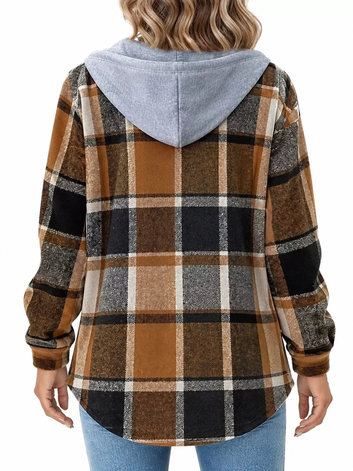 Button-Down Printed Contrast Hooded Shacket — back view
