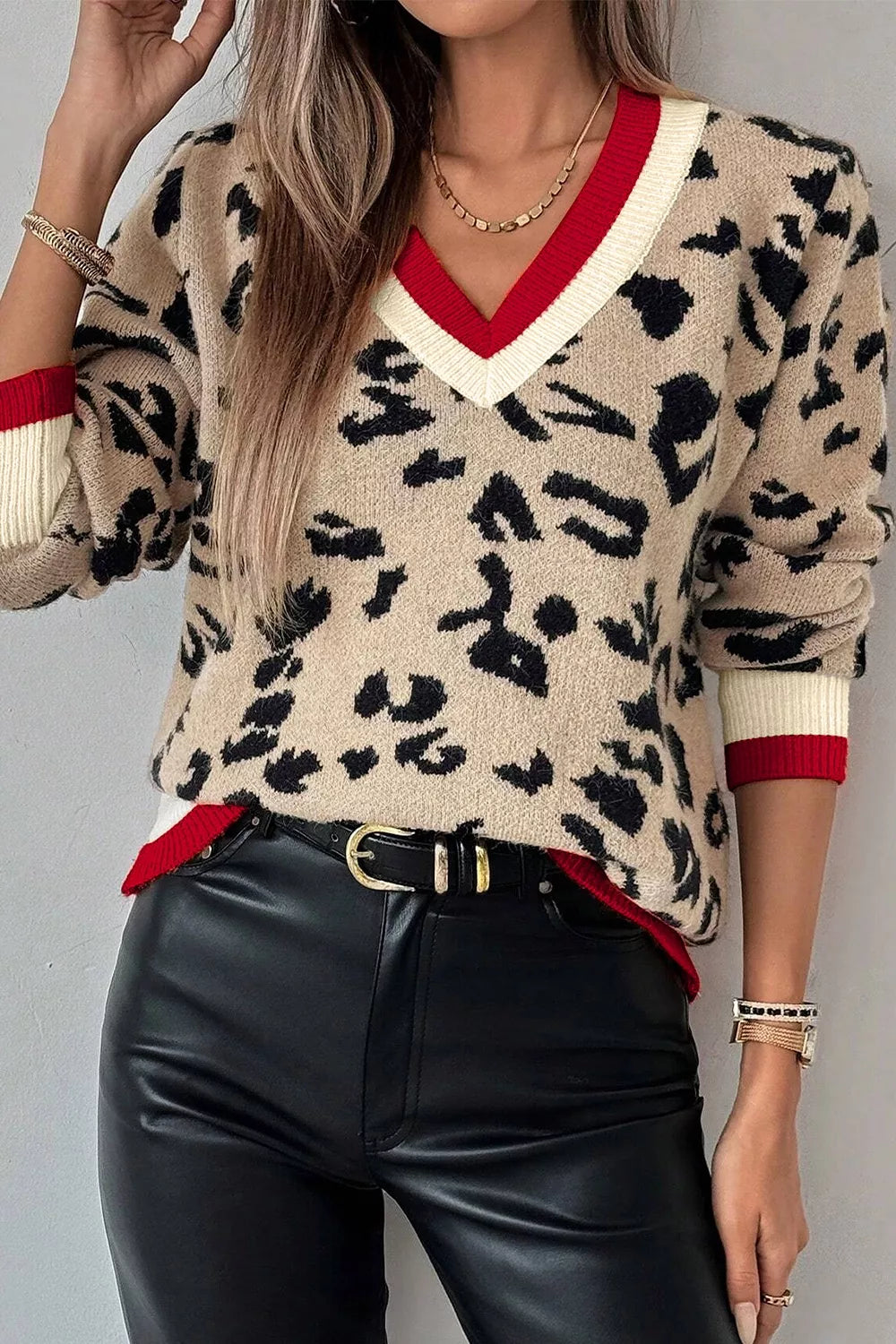 Trendsi Leopard Pattern V-Neck Contrast Rib Knitted Sweater -