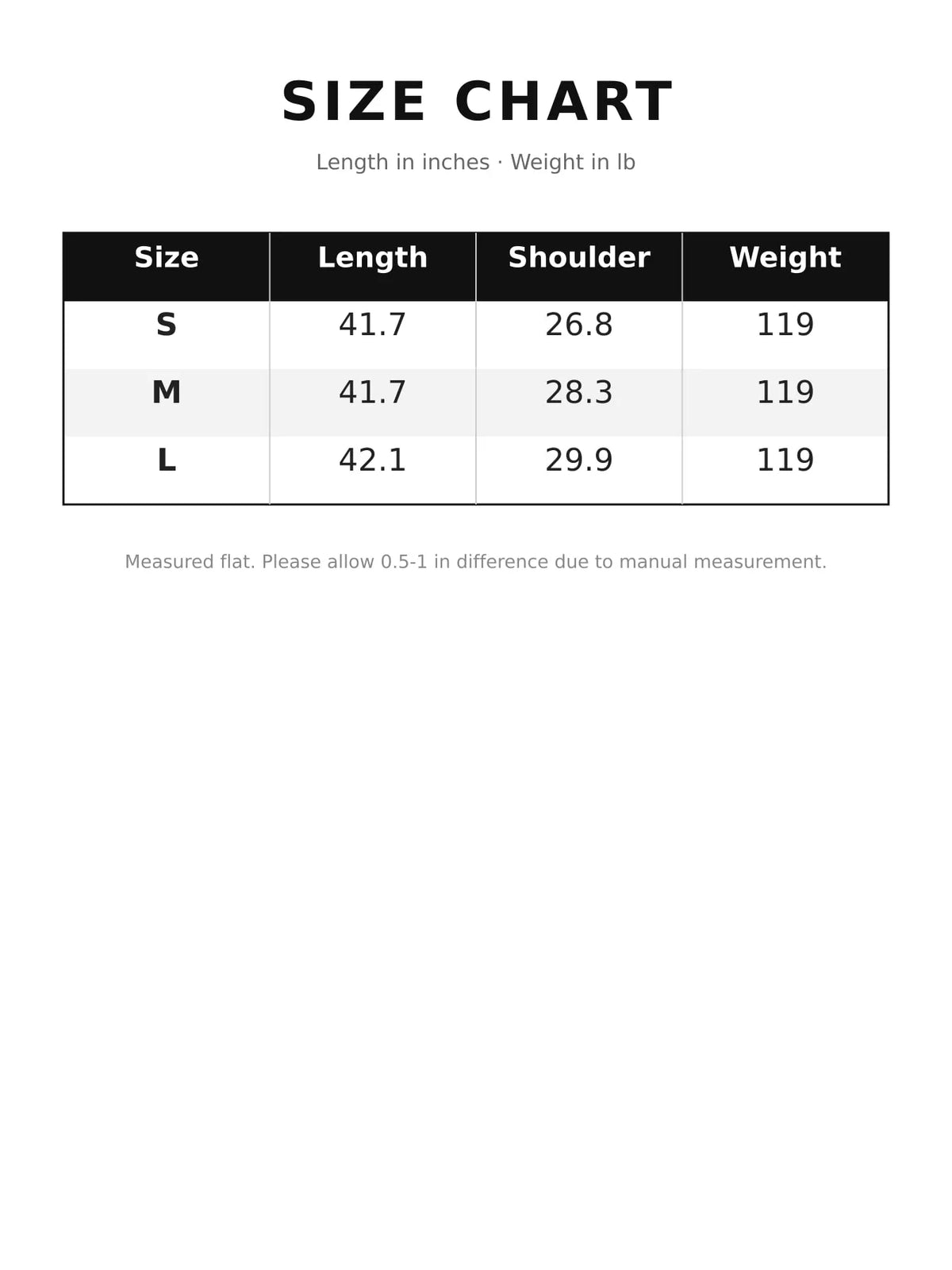 Size chart for single button closure cropped cape