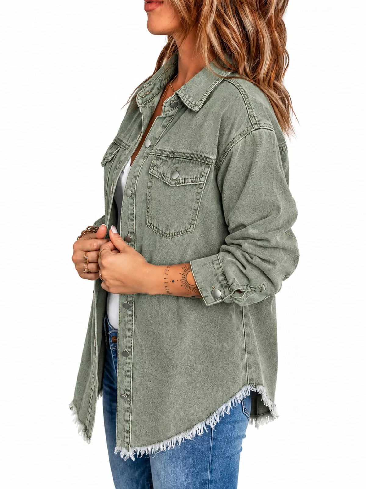 Green raw hem button-up denim jacket — side view