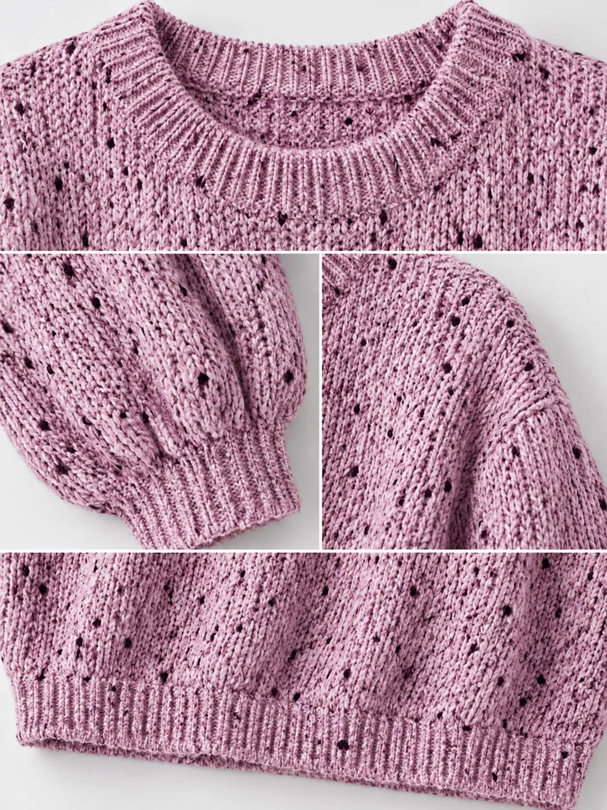 Pink chunky knit round neck sweater, detail view