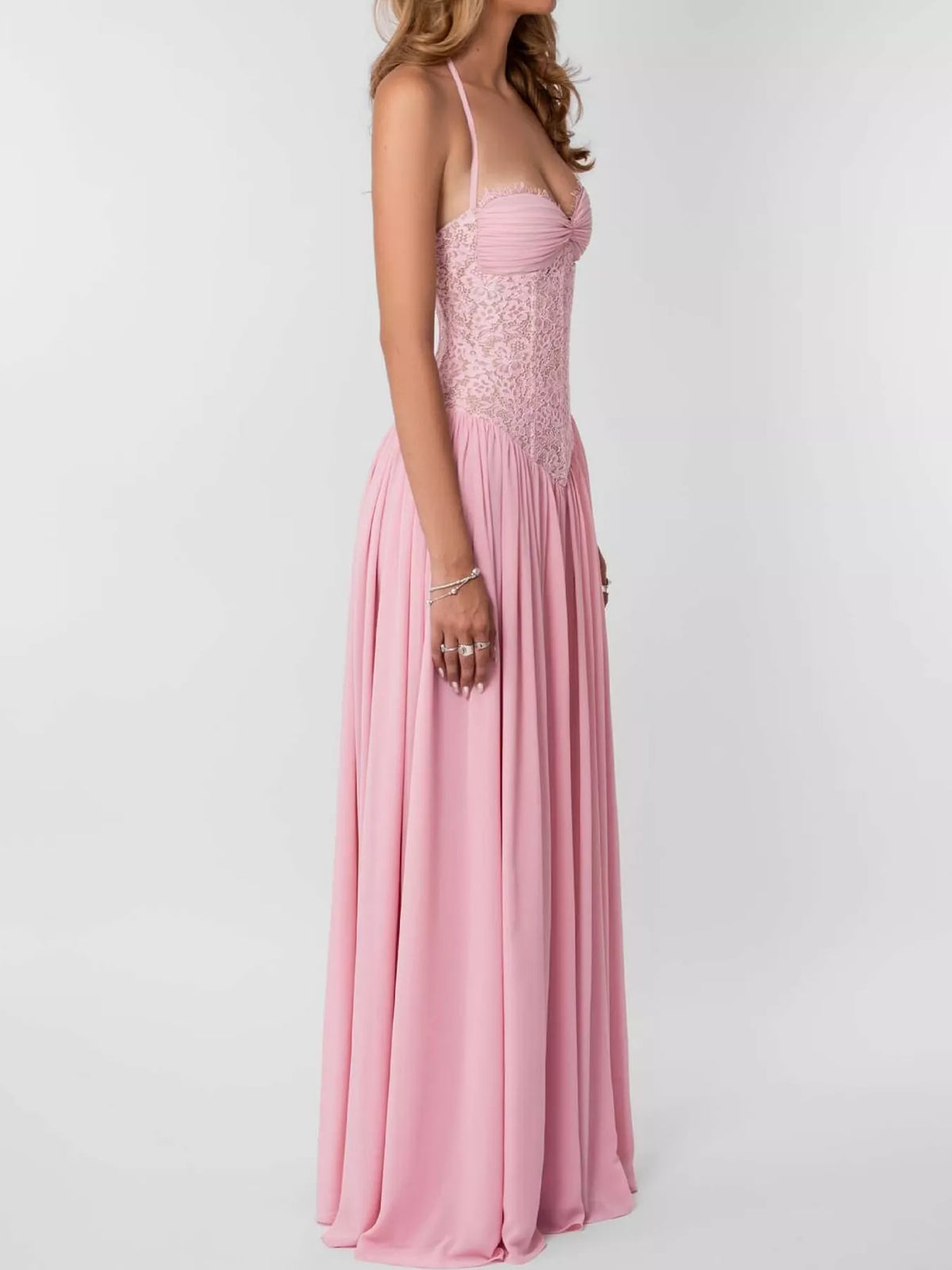 Pink lace corset halter neck maxi dress — side view