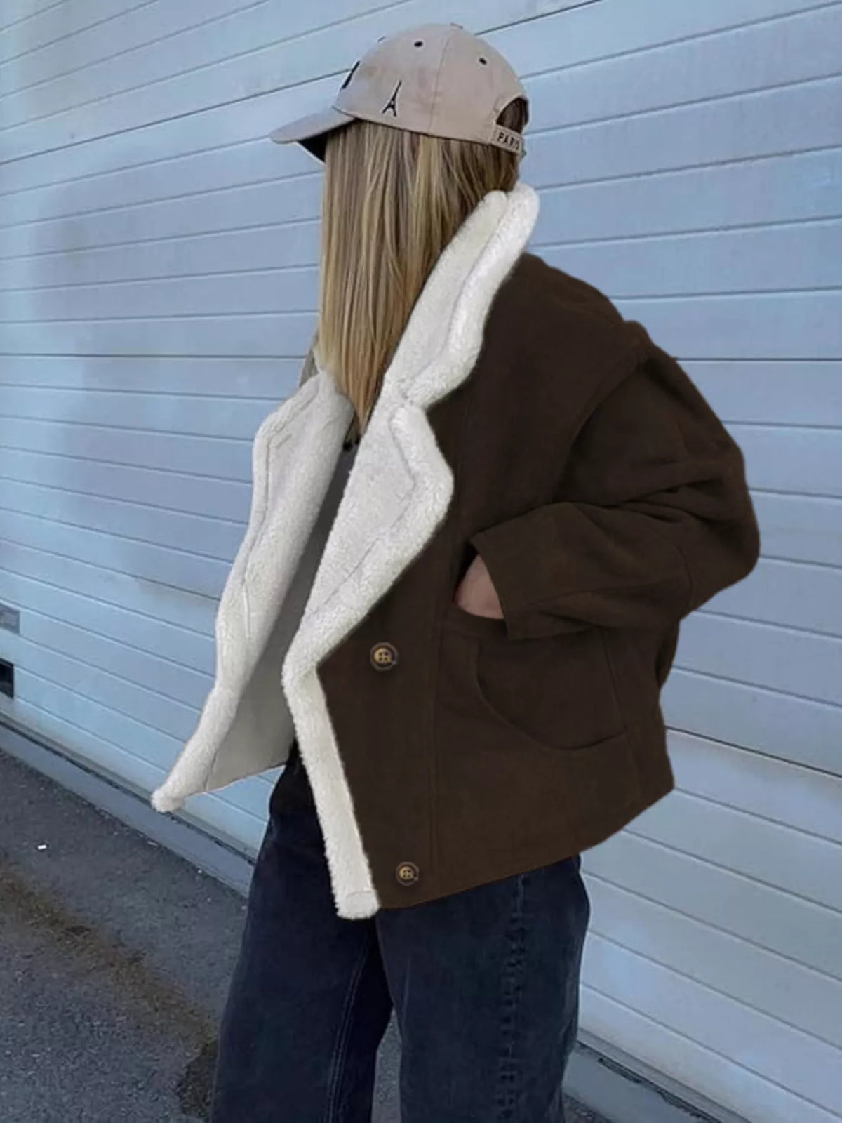 Plush-Lined Double-Breasted Jacket in brown, back view