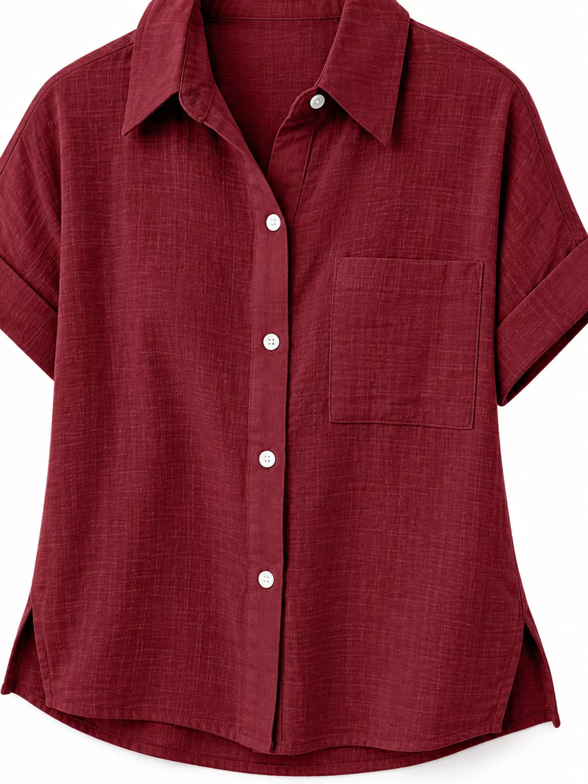 Women's Button Up Short Sleeve Shirt in burgundy — collar detail view