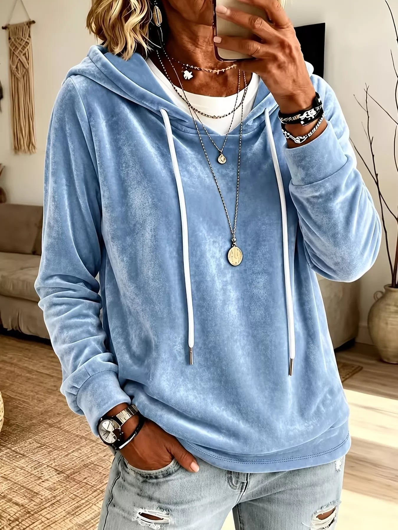 Trendsi Full Size Drawstring Velvet Long Sleeve Hoodie Plus Size -