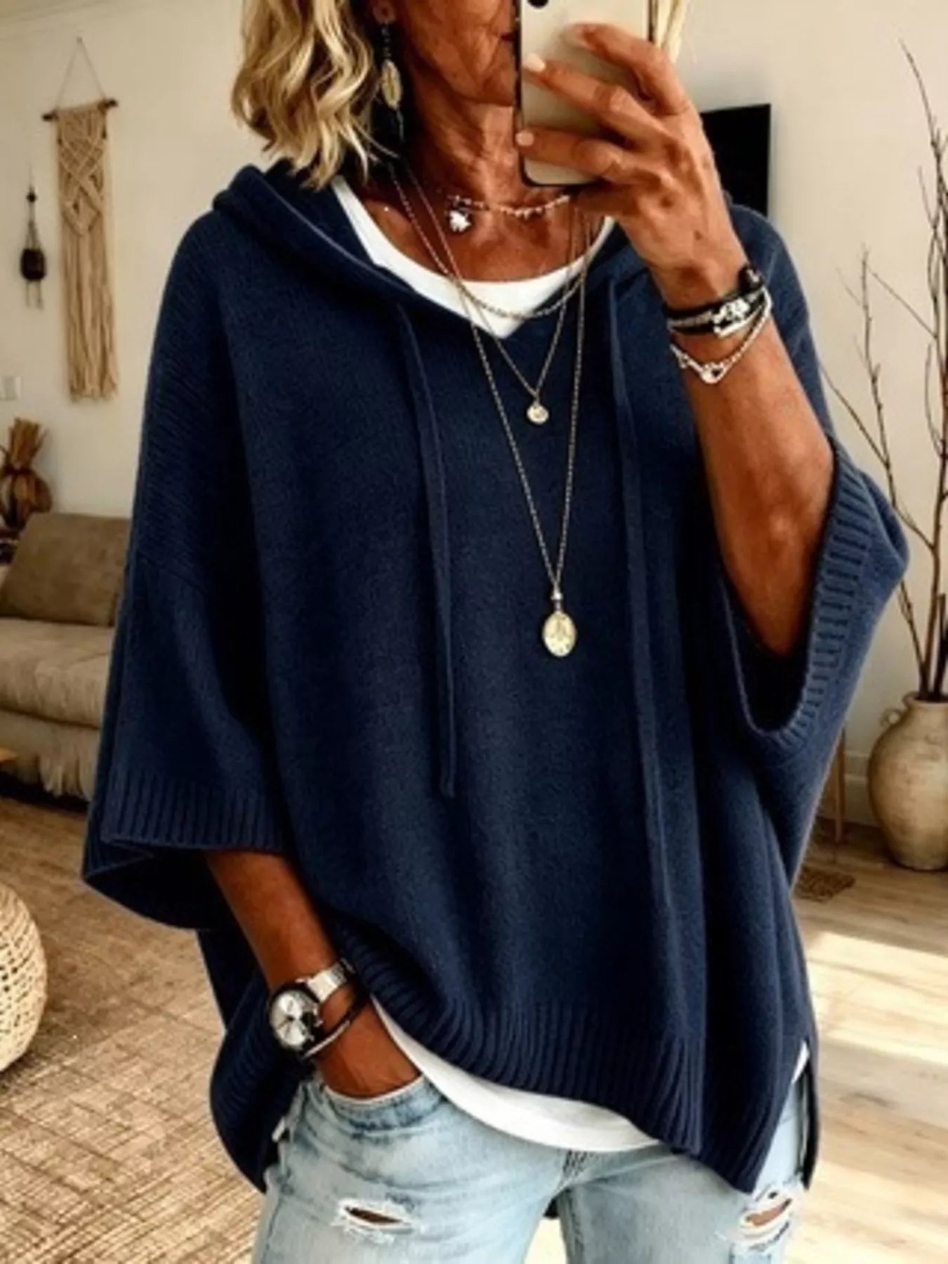 Trendsi Full Size Casual Hooded Batwing Sleeve Knit Sweater Plus Size -