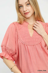 Trendsi Umgee Smocked Yoke Blouse with Ruffle Sleeves -