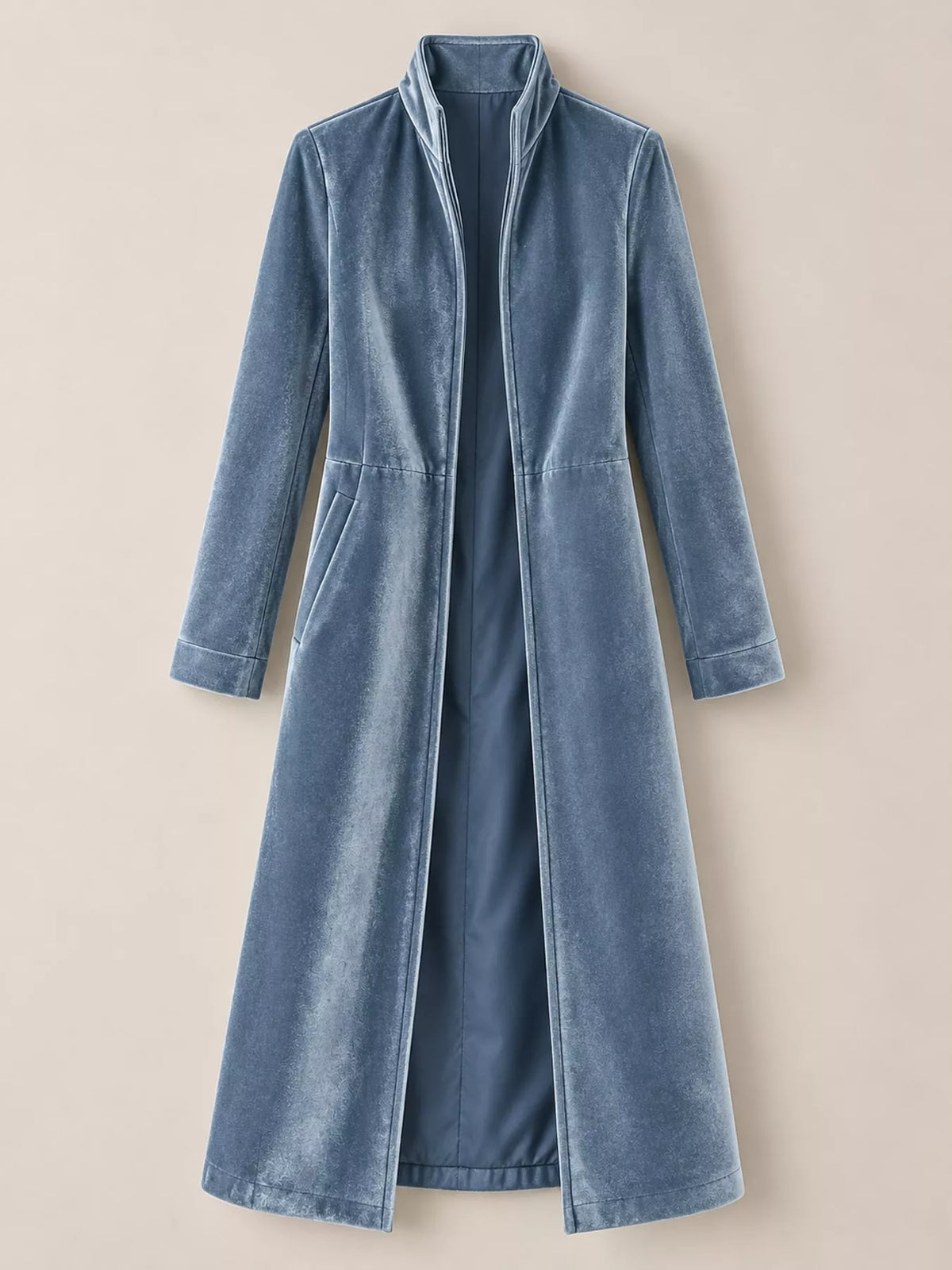 Blue velvet zip-up longline jacket
