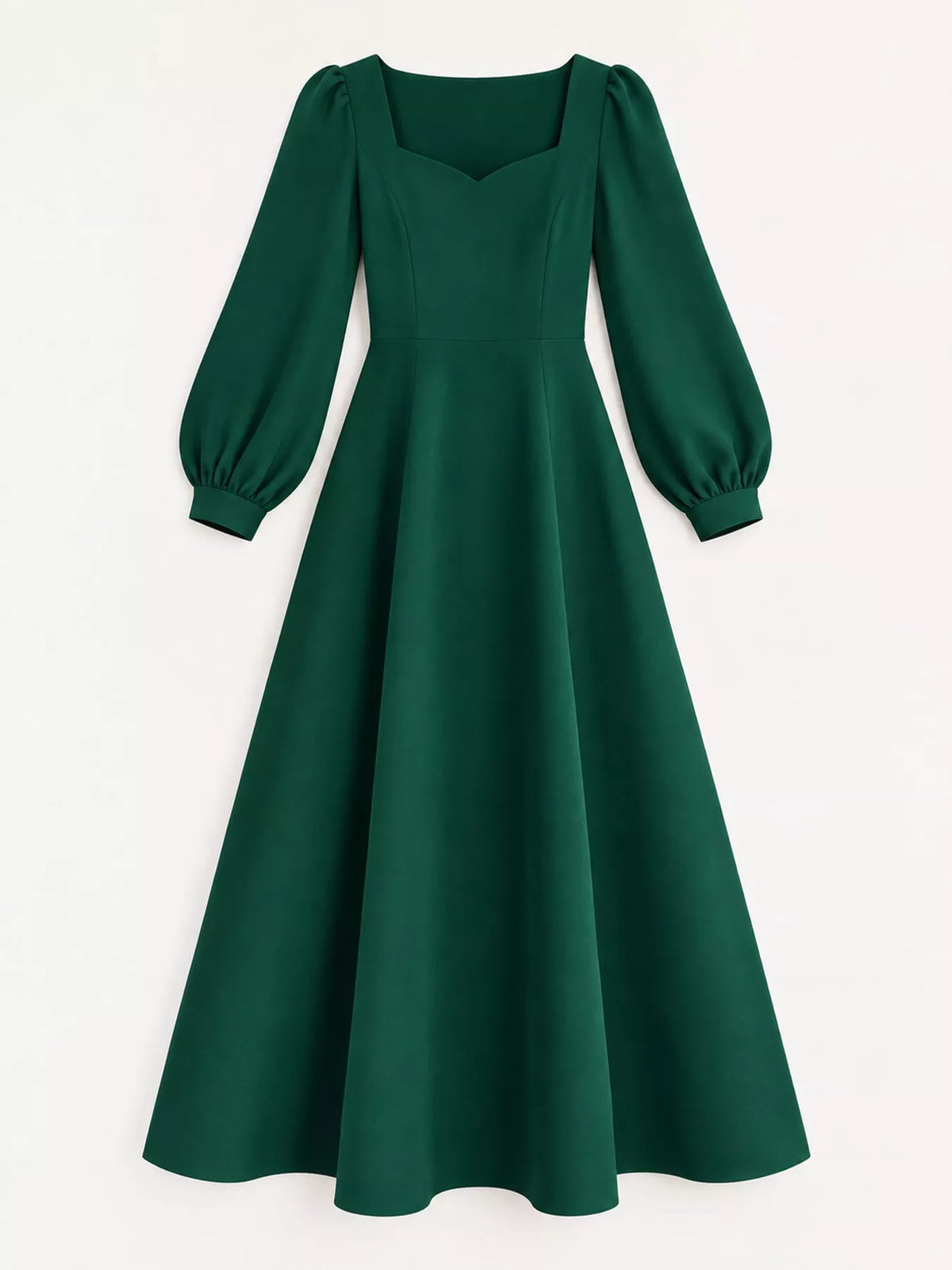 Green long sleeve a line midi dress, front view