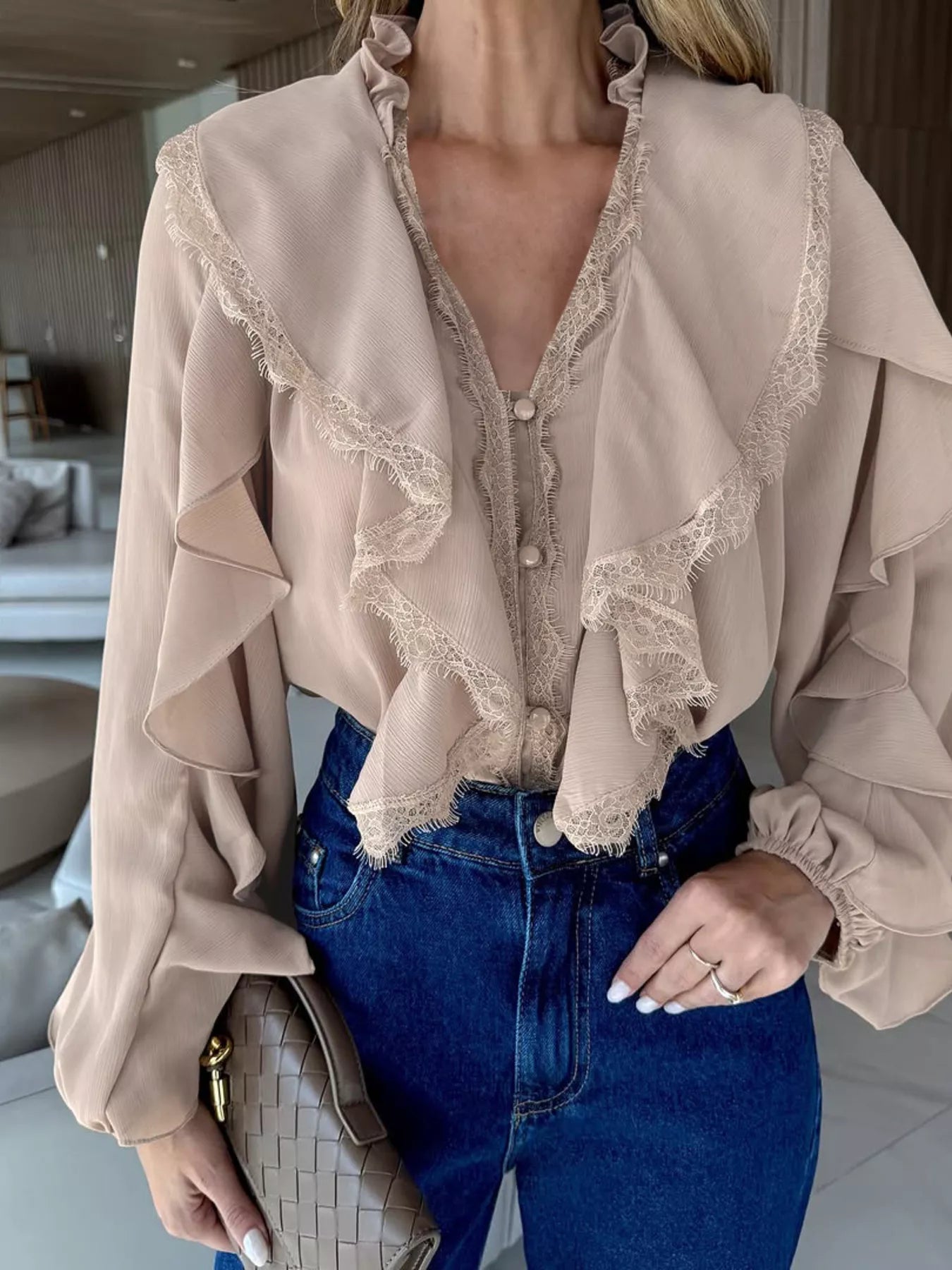 Trendsi V-Neck Ruffled Lace Trim Blouse -