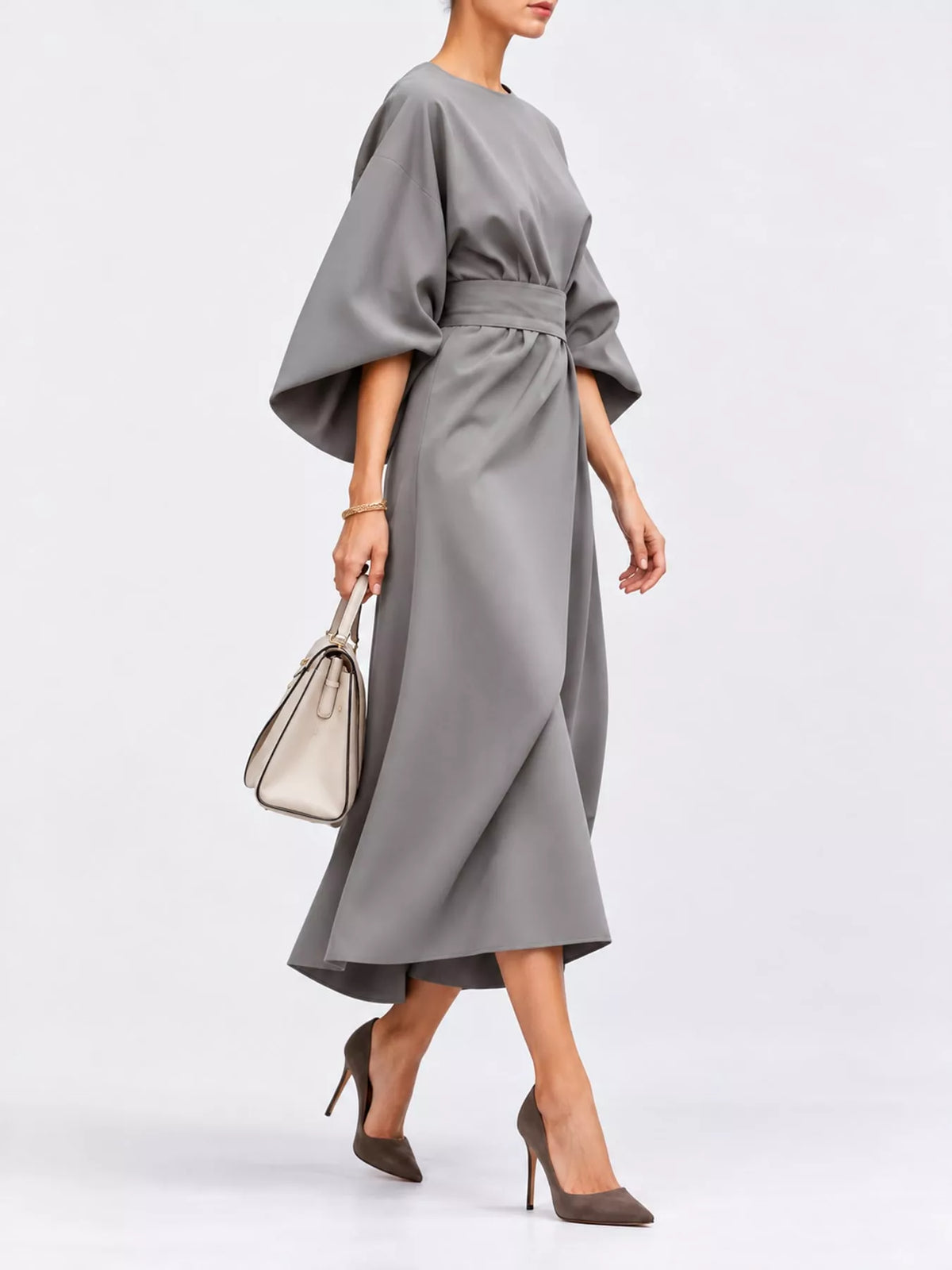 Light Gray round neck kimono sleeve midi dress