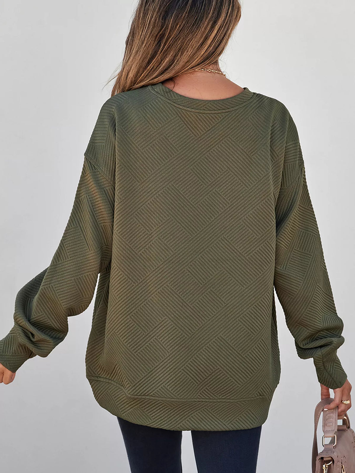 Black Forest mallard print textured crewneck relaxed sweatshirt, back view