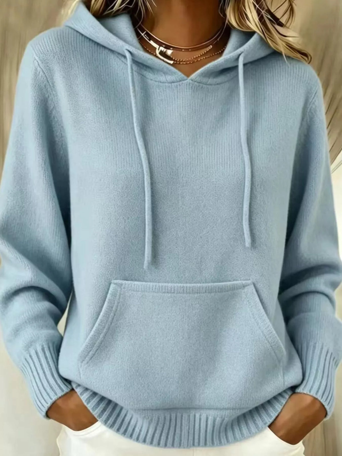 Women's Drawstring Kangaroo Pocket Hooded Sweater in light blue — front view