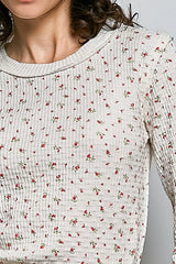 Trendsi POL Ribbed Knit Floral Crew Neck Long Sleeve Top - Shirts