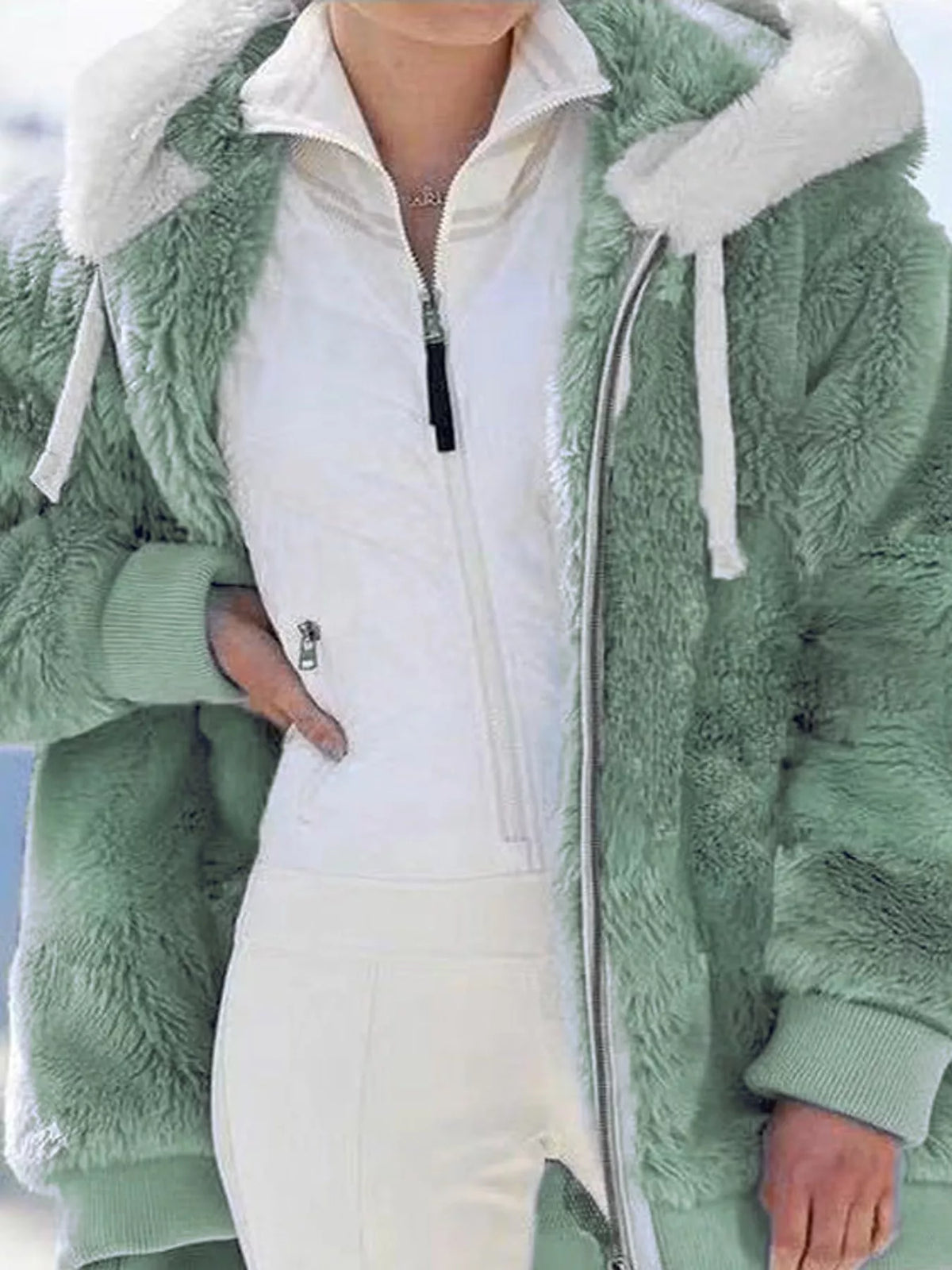 Green with white hood trim faux fur zip up hooded jacket, front view