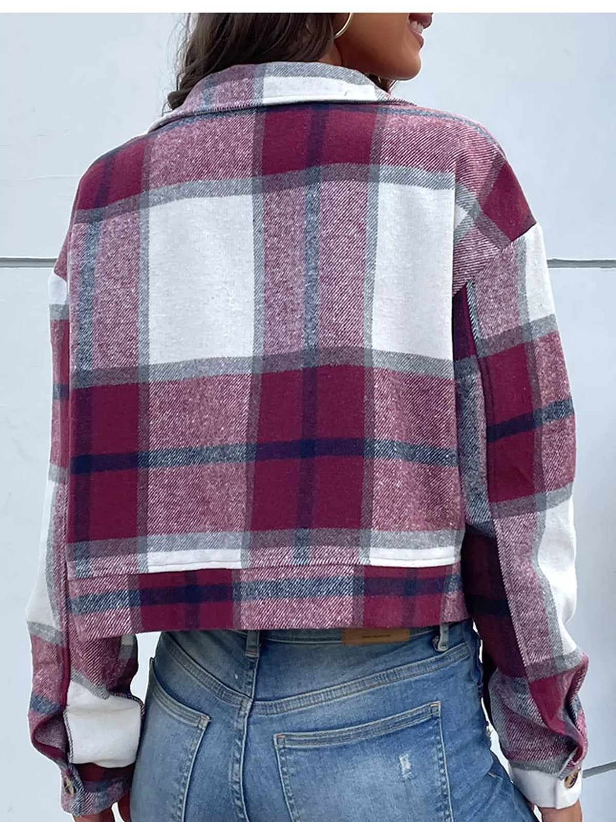 Plaid cropped jacket, burgundy plaid back