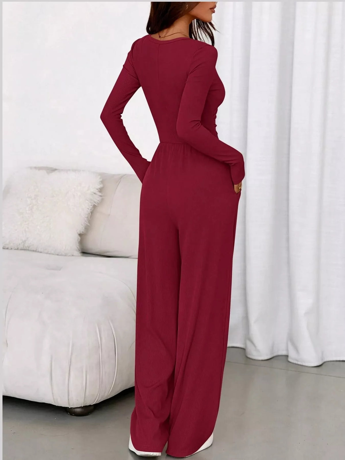 Long Sleeve Ribbed Knit Wide-Leg Jumpsuit — back view