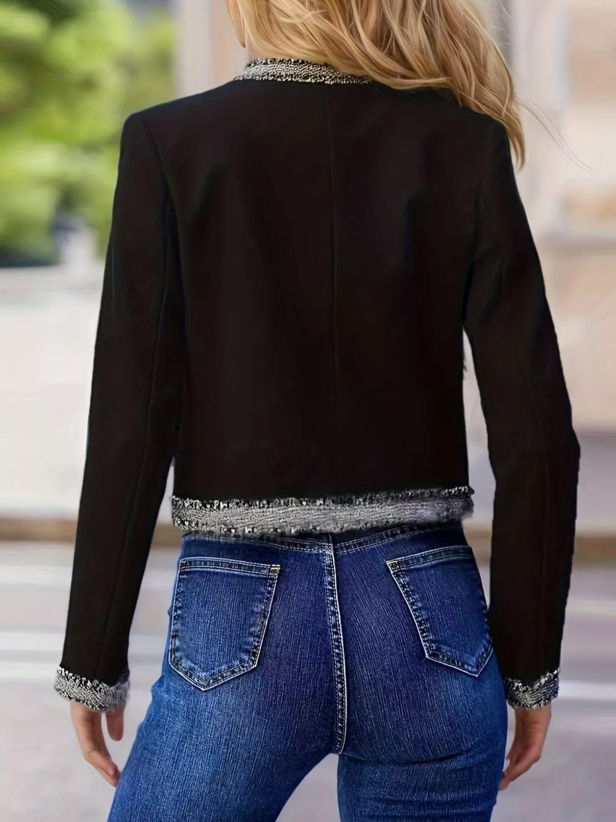Black Tweed-Trim Open-Front Jacket with Pockets back view