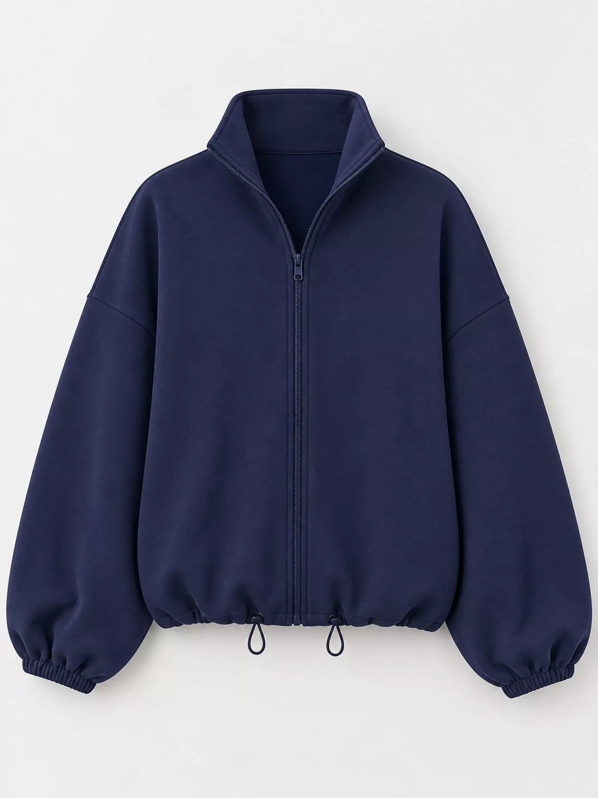 Navy drawstring hem zip-up jacket