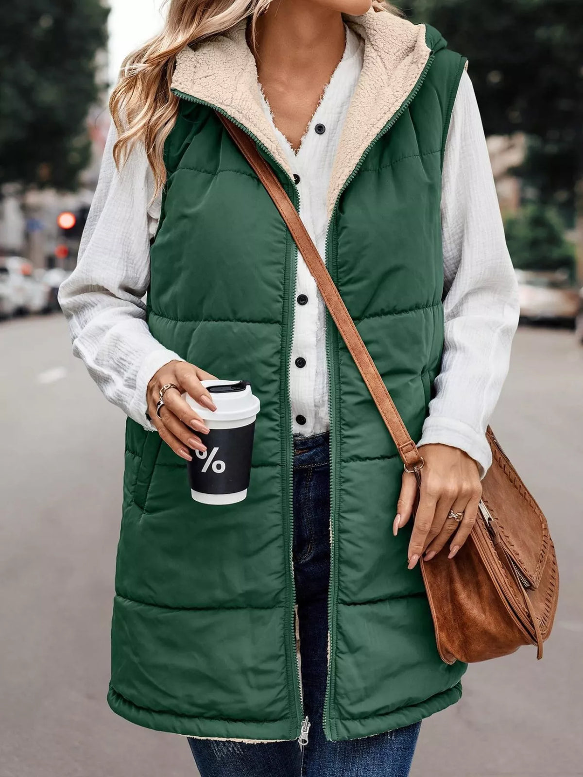 Green hooded sherpa-lined puffer vest