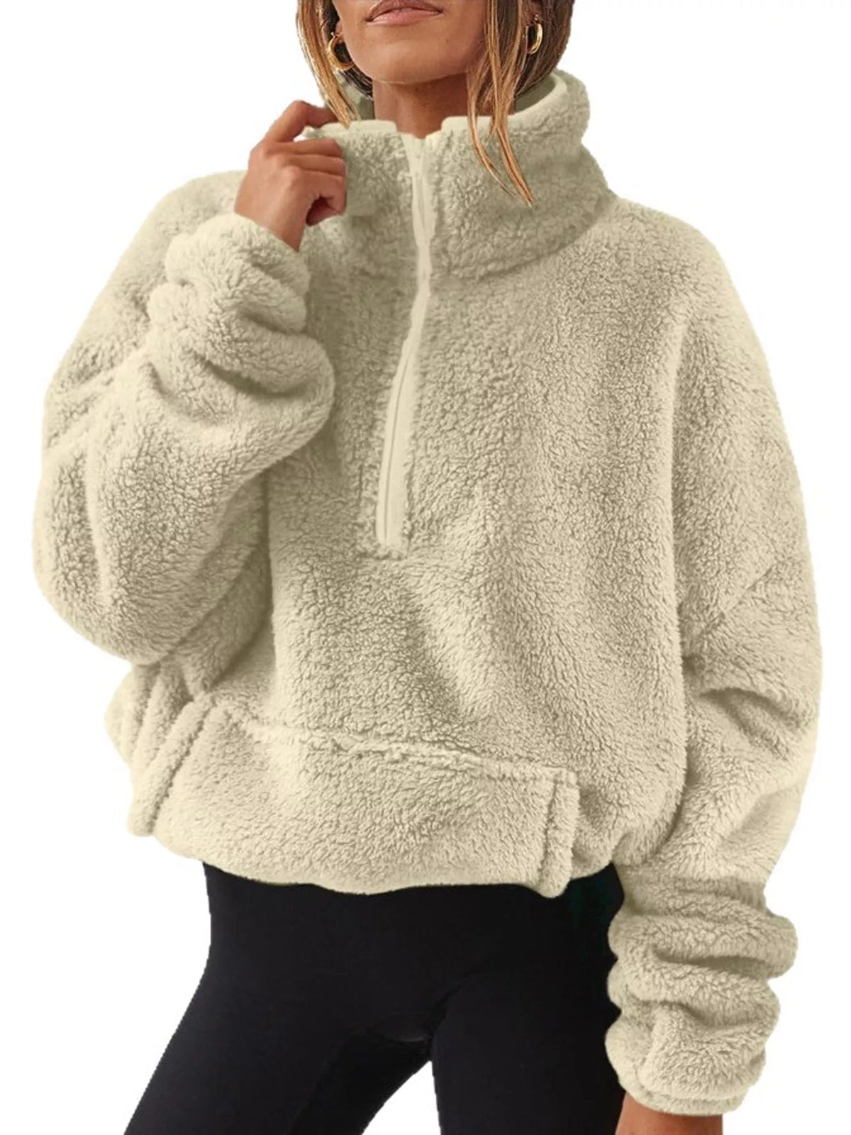 Sherpa quarter-zip sweatshirt, cream front